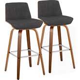 Corazza 30" Swivel Bar Stool in Walnut Wood & Charcoal Fabric with Chrome Footrest (Set of 2)